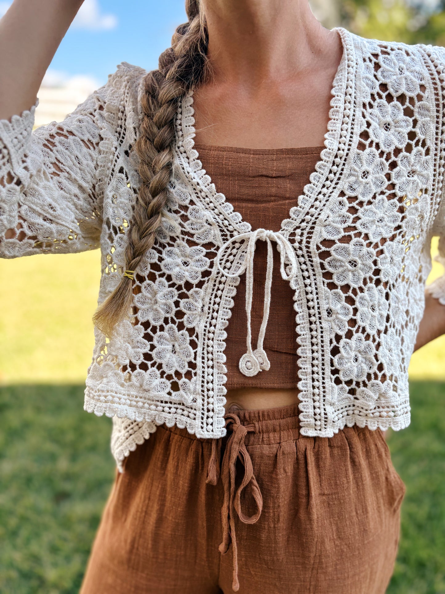 Floral Crochet Tie Front Cardigan
