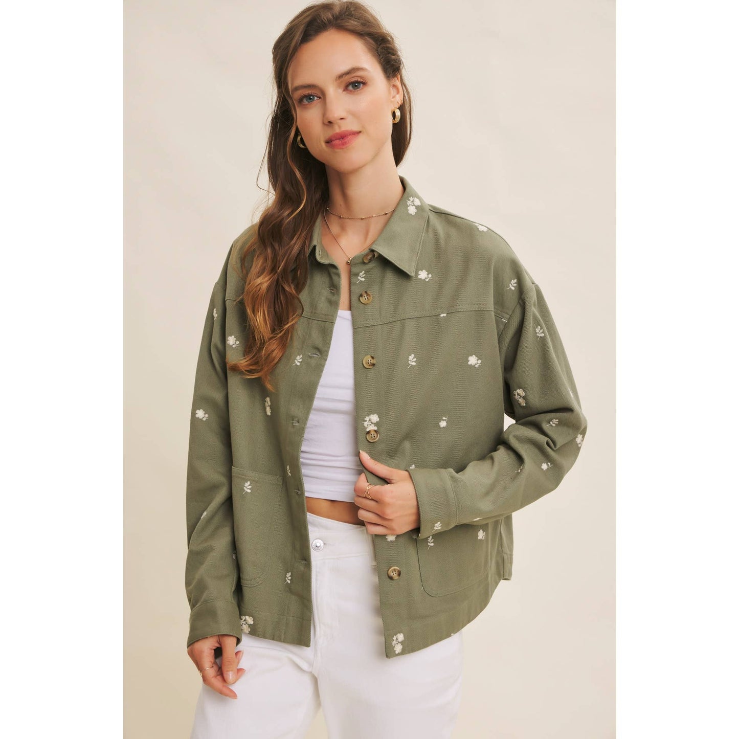 Flower Embroidered Cotton Twill Shacket