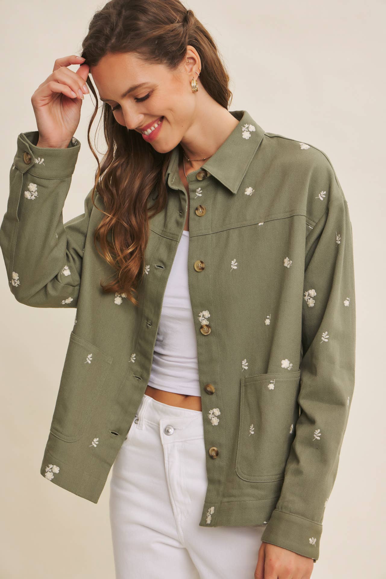 Flower Embroidered Cotton Twill Shacket