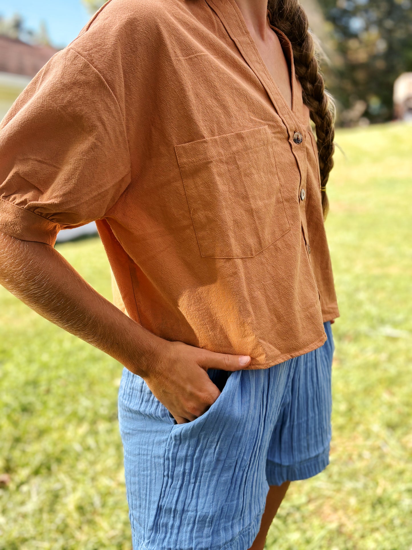Mom Crop Cotton Gauze Boxy Button Down