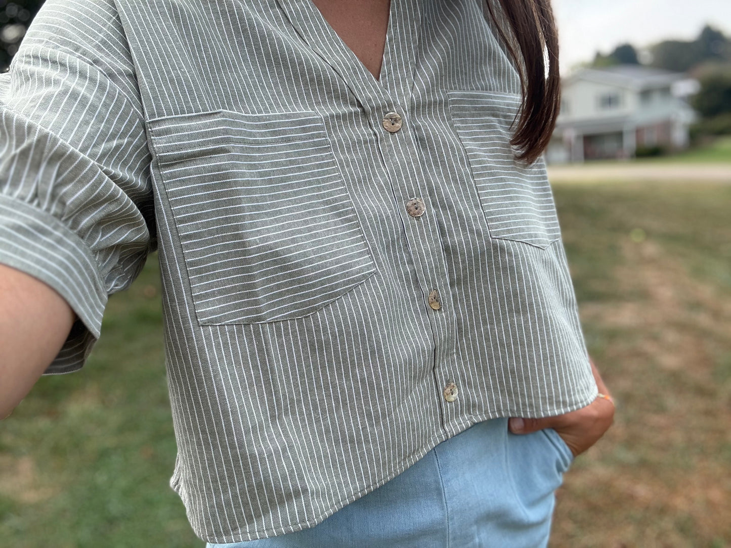 Pin Stripe Cotton Mom Crop Button Down
