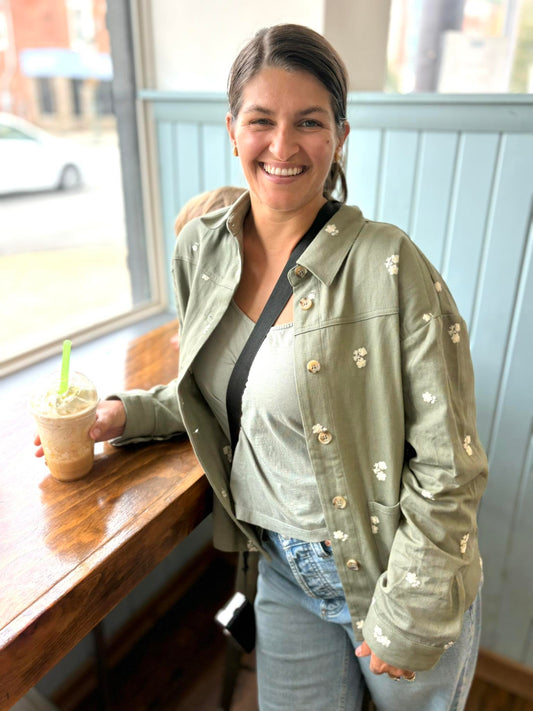 Flower Embroidered Cotton Twill Shacket