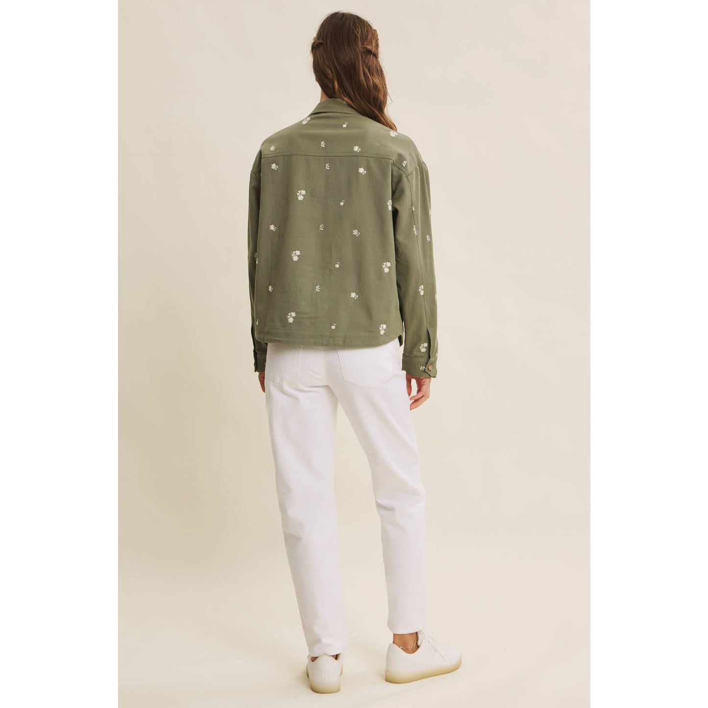 Flower Embroidered Cotton Twill Shacket