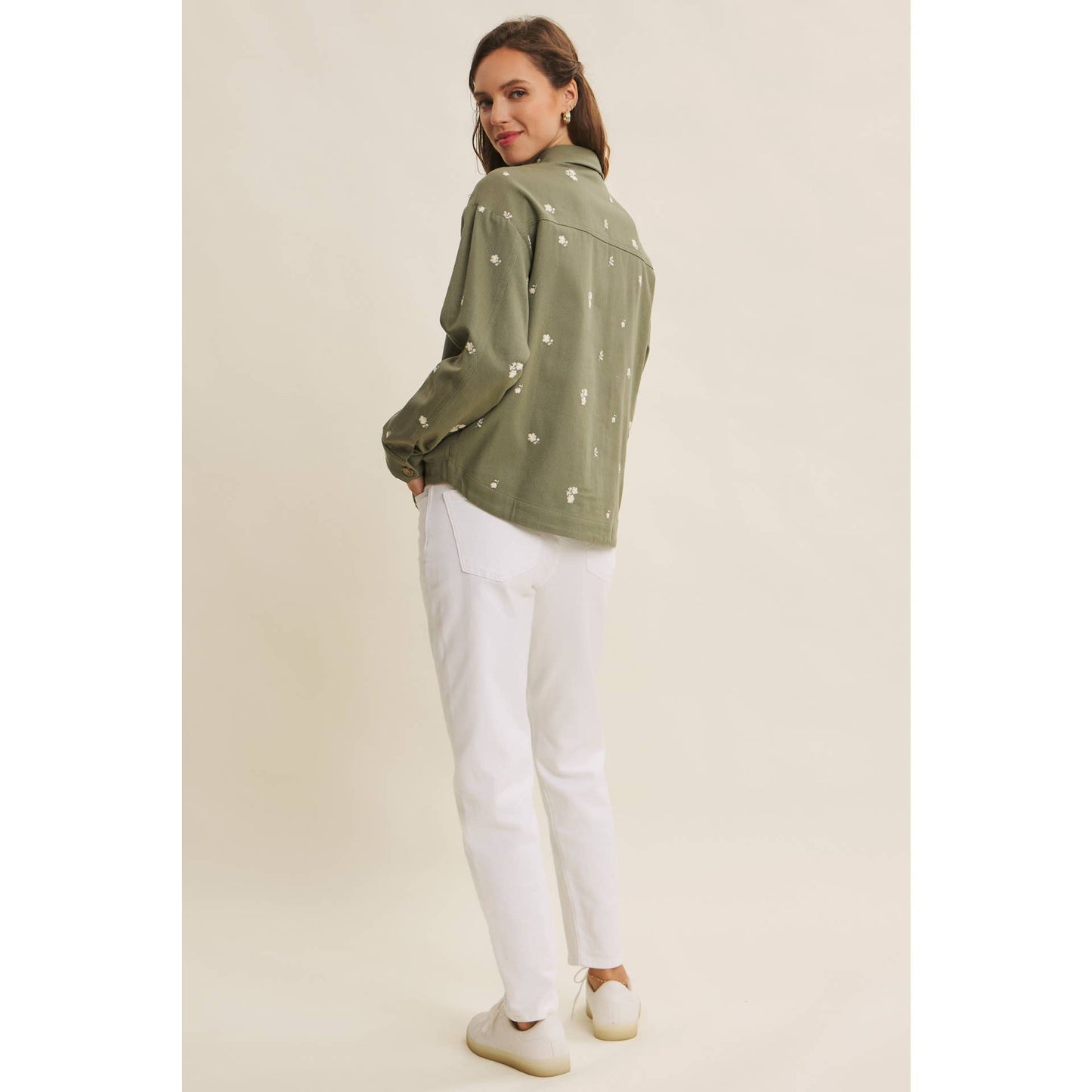 Flower Embroidered Cotton Twill Shacket