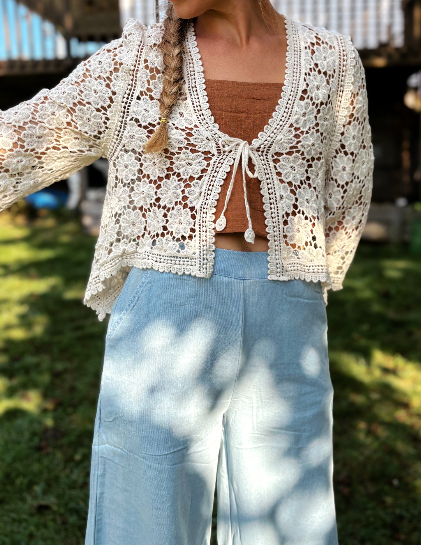 Floral Crochet Tie Front Cardigan