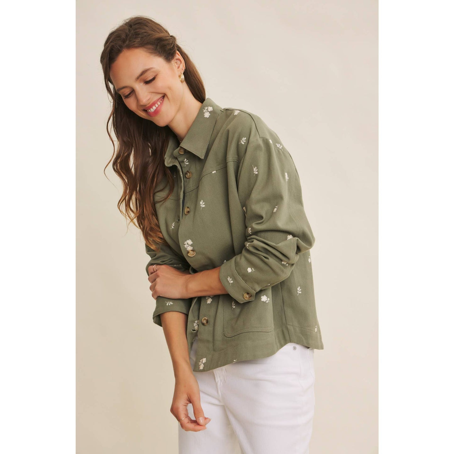 Flower Embroidered Cotton Twill Shacket