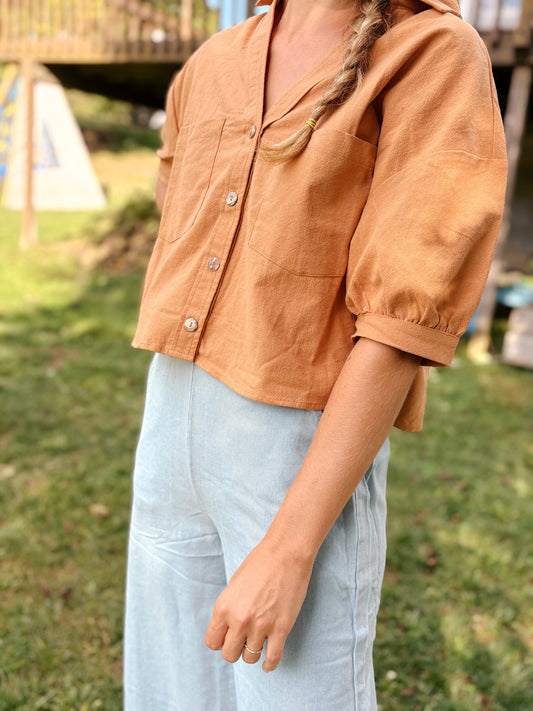 Mom Crop Cotton Gauze Boxy Button Down