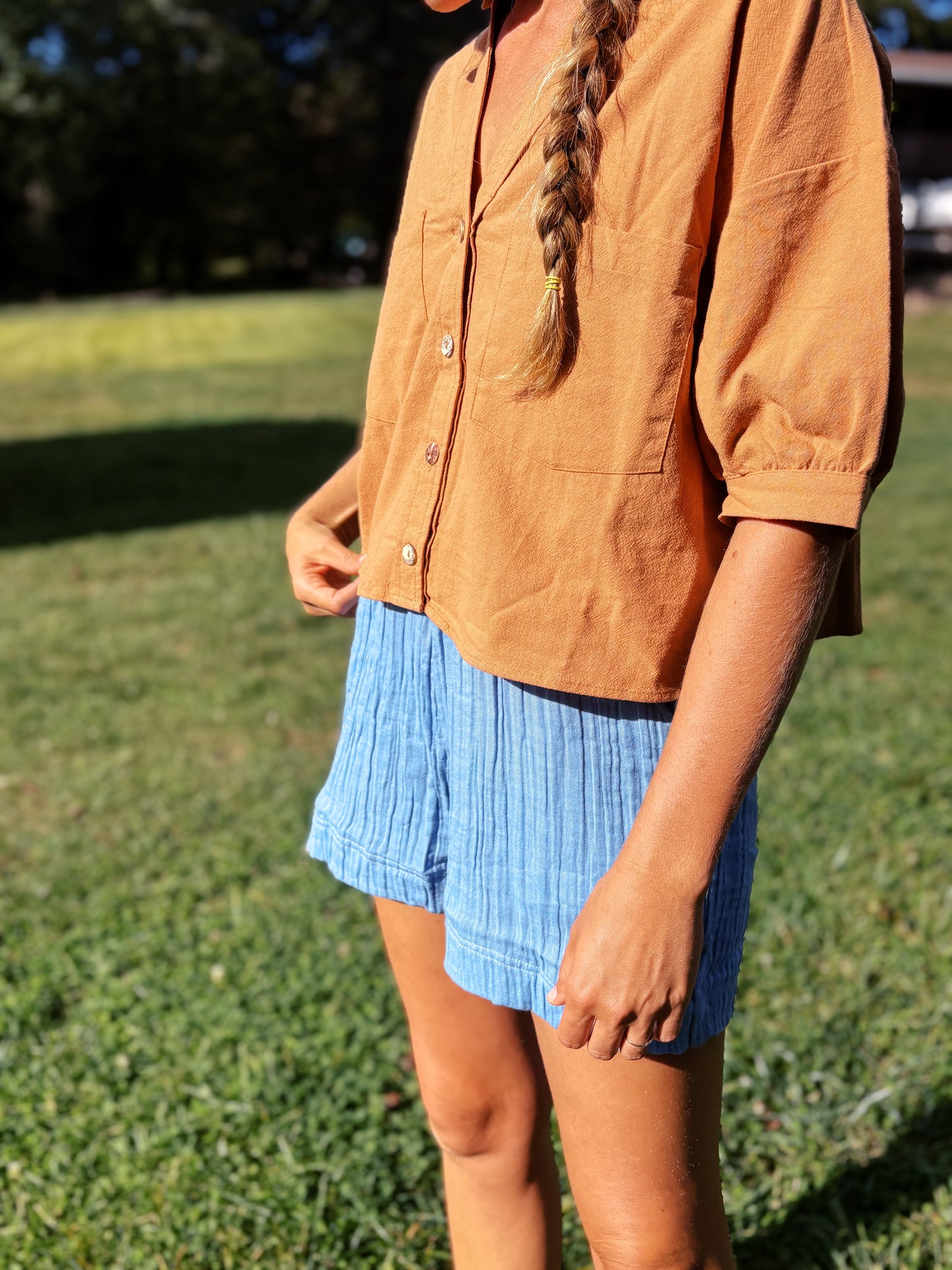 Mom Crop Cotton Gauze Boxy Button Down
