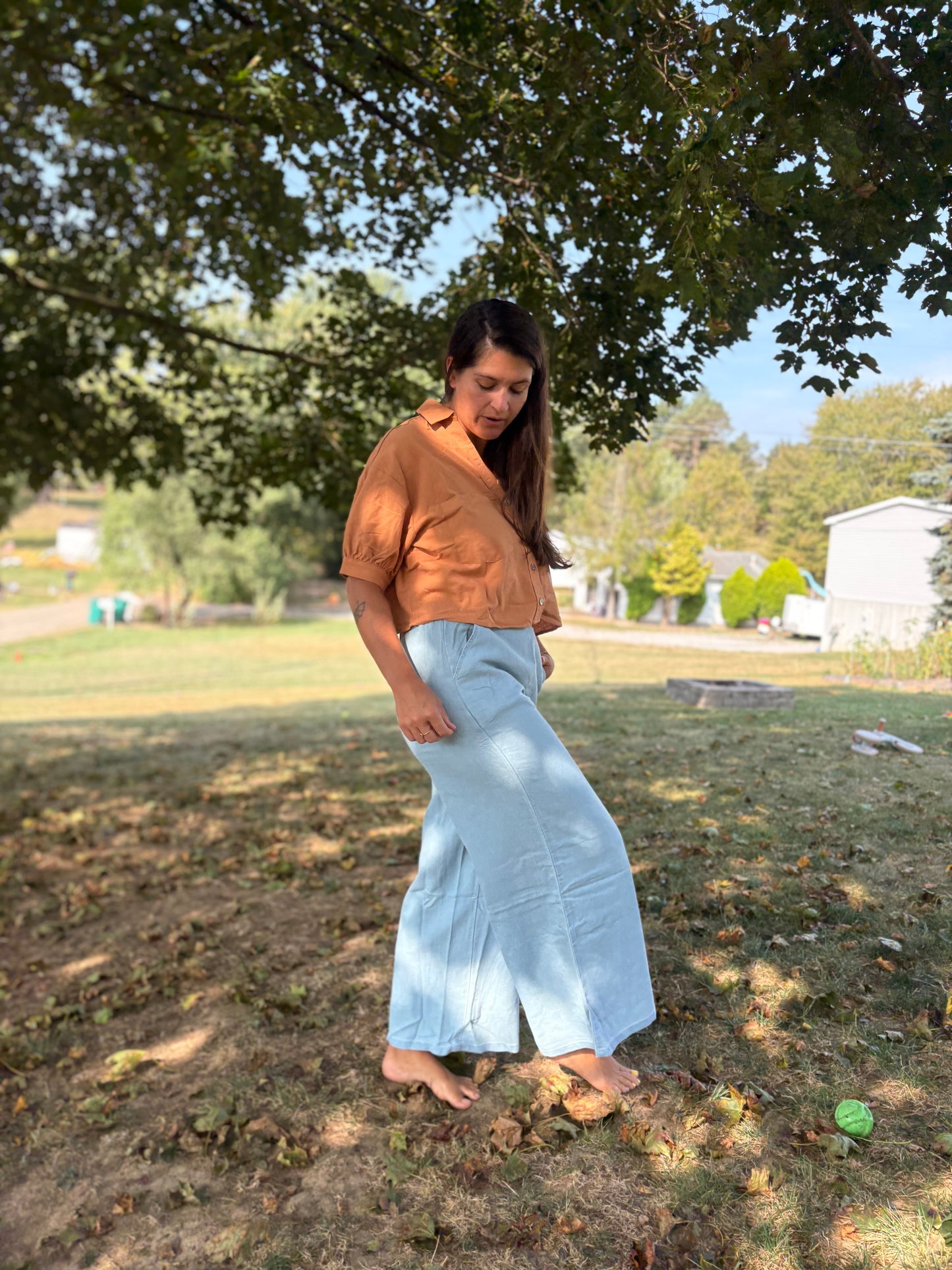 Wide Leg Denim Pants with Back Elastic Waistband