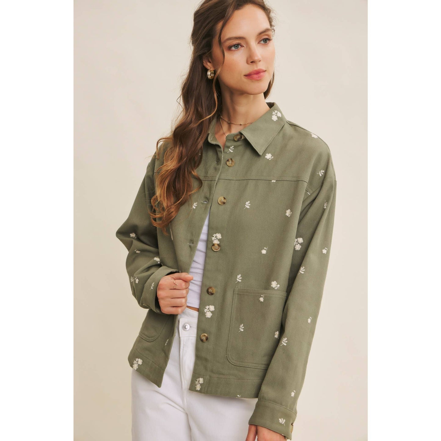 Flower Embroidered Cotton Twill Shacket