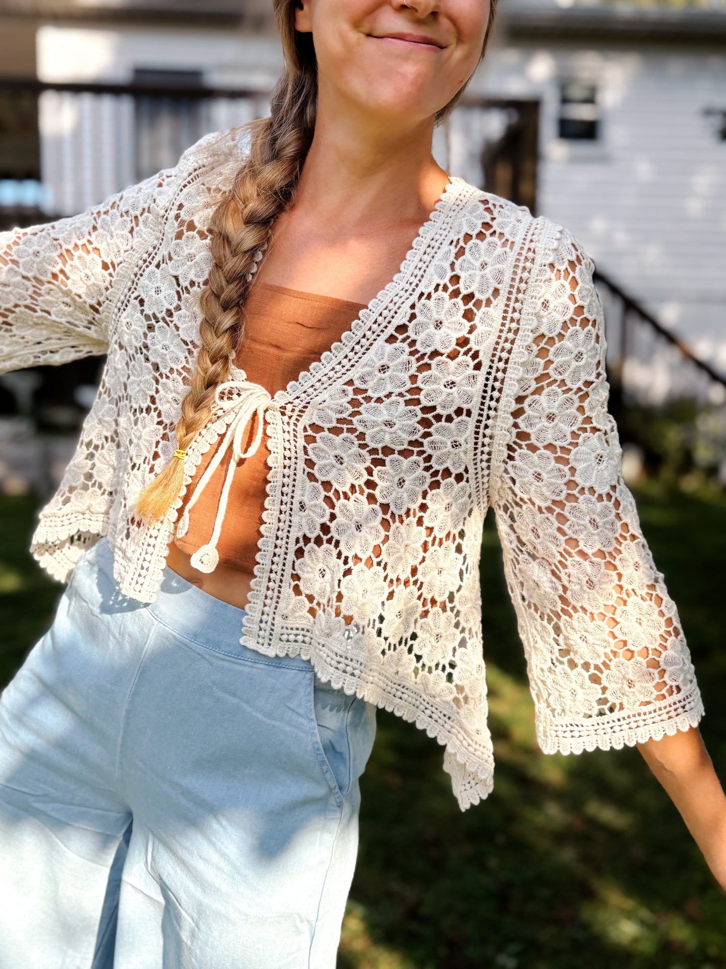 Floral Crochet Tie Front Cardigan