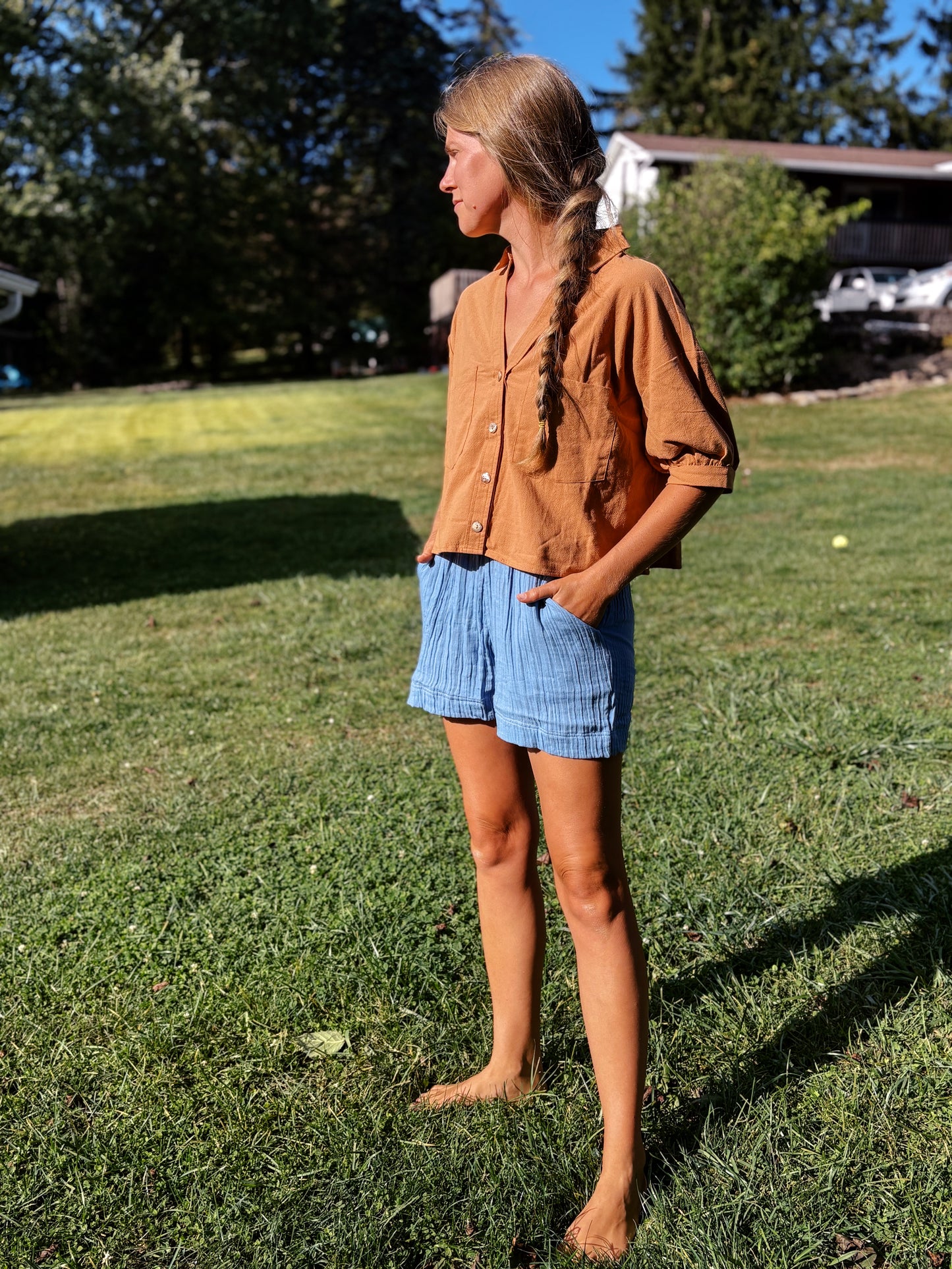 Mom Crop Cotton Gauze Boxy Button Down