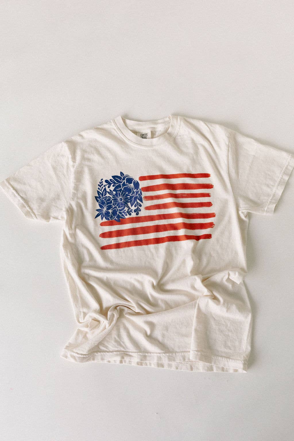 floral fourth of july white tee on white background