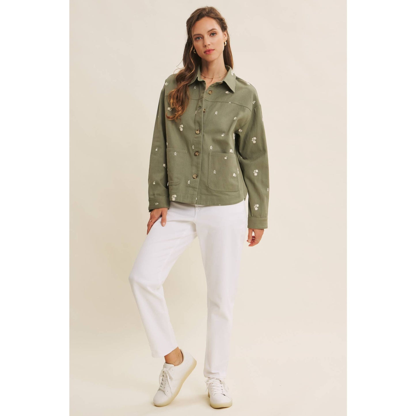 Flower Embroidered Cotton Twill Shacket