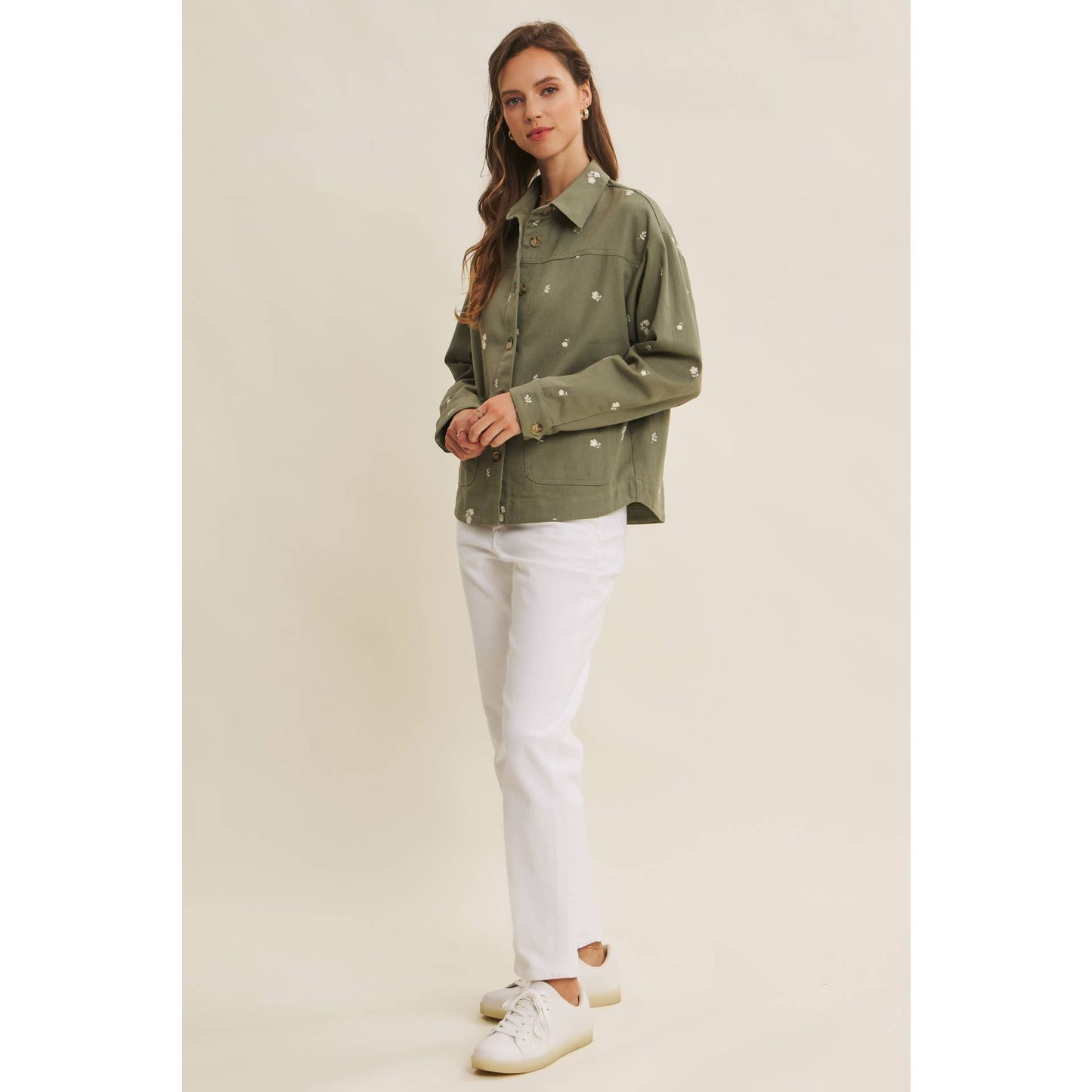 Flower Embroidered Cotton Twill Shacket