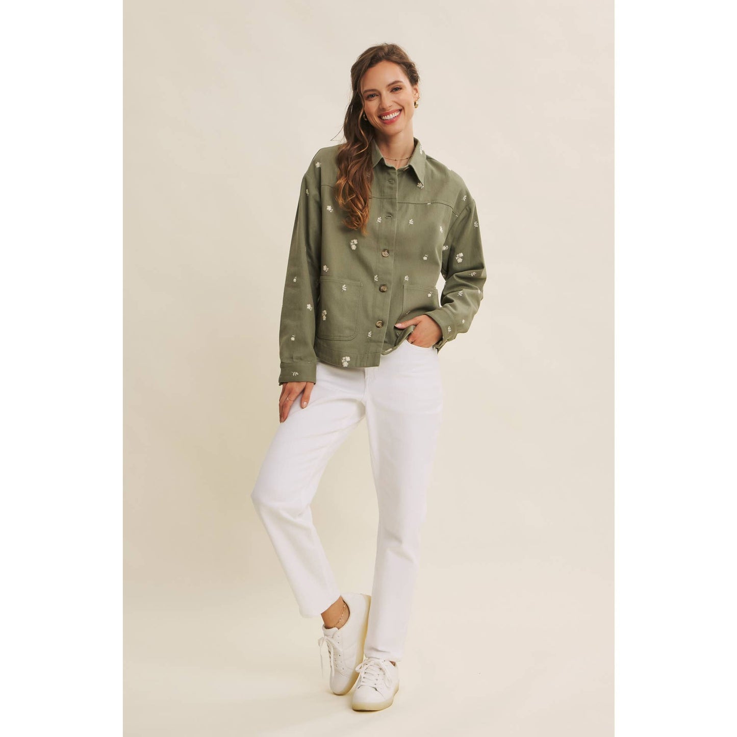 Flower Embroidered Cotton Twill Shacket