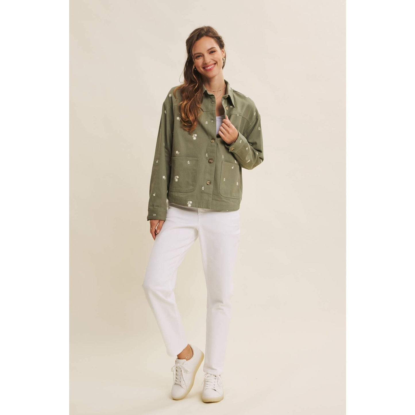 Flower Embroidered Cotton Twill Shacket