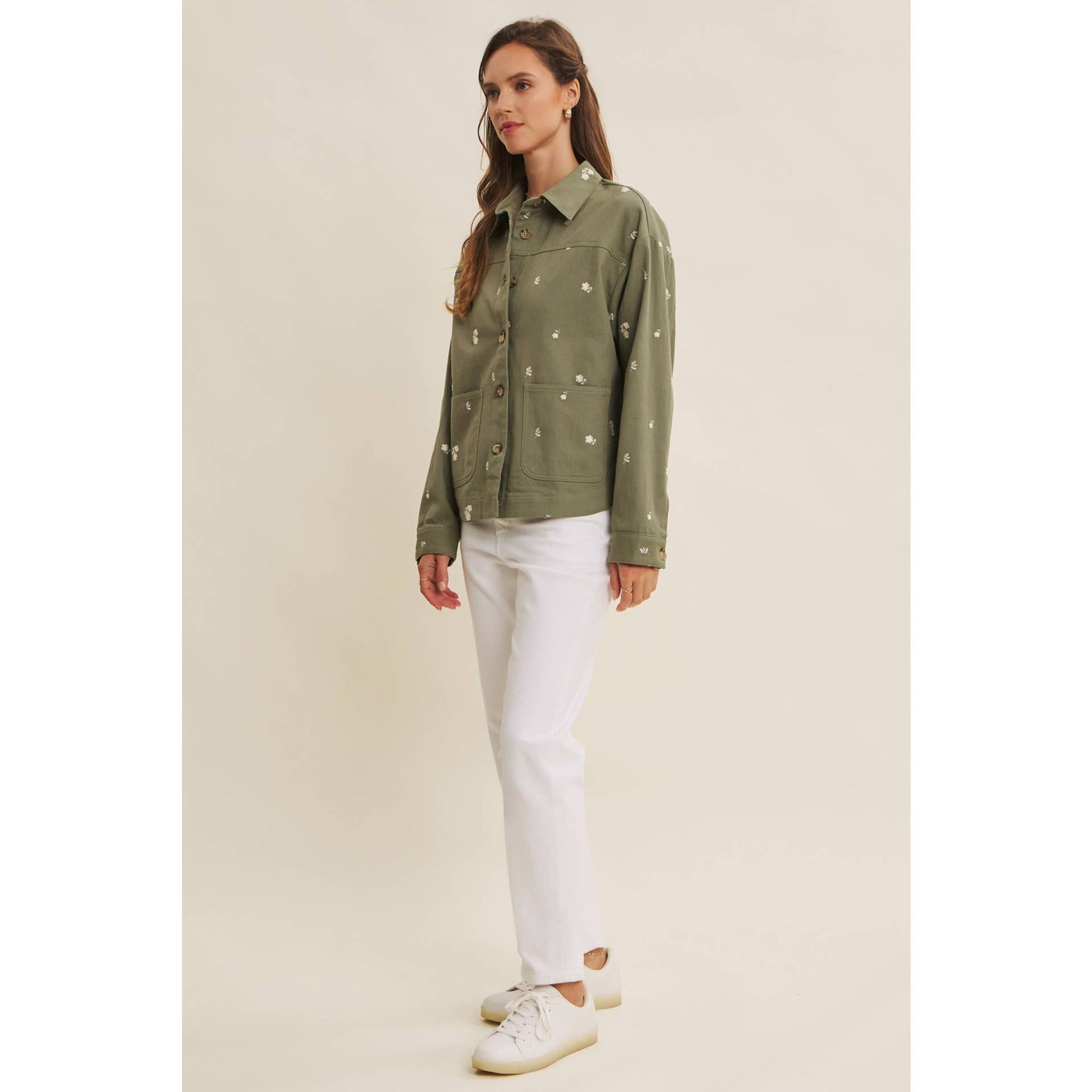 Flower Embroidered Cotton Twill Shacket