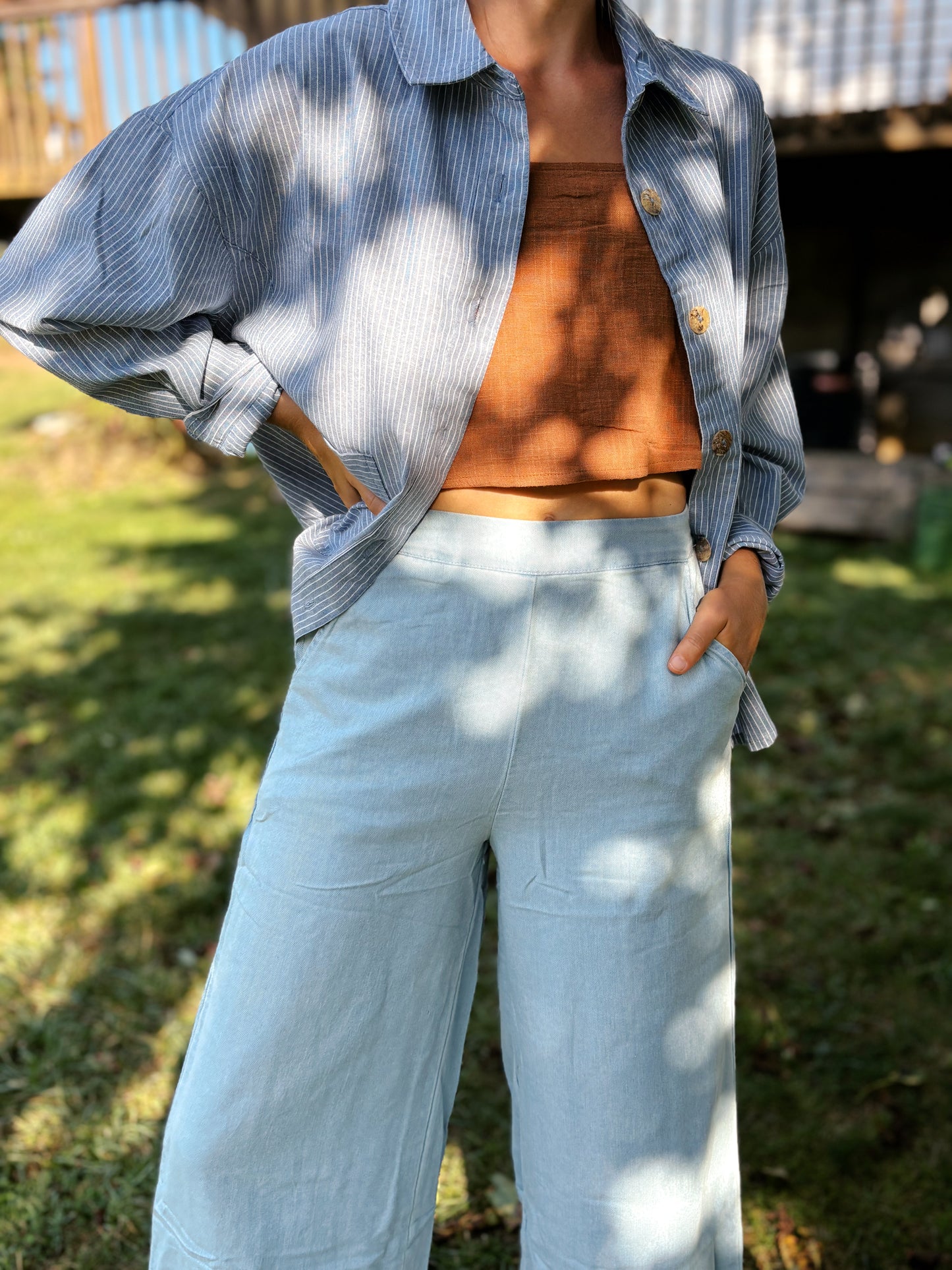 Wide Leg Denim Pants with Back Elastic Waistband