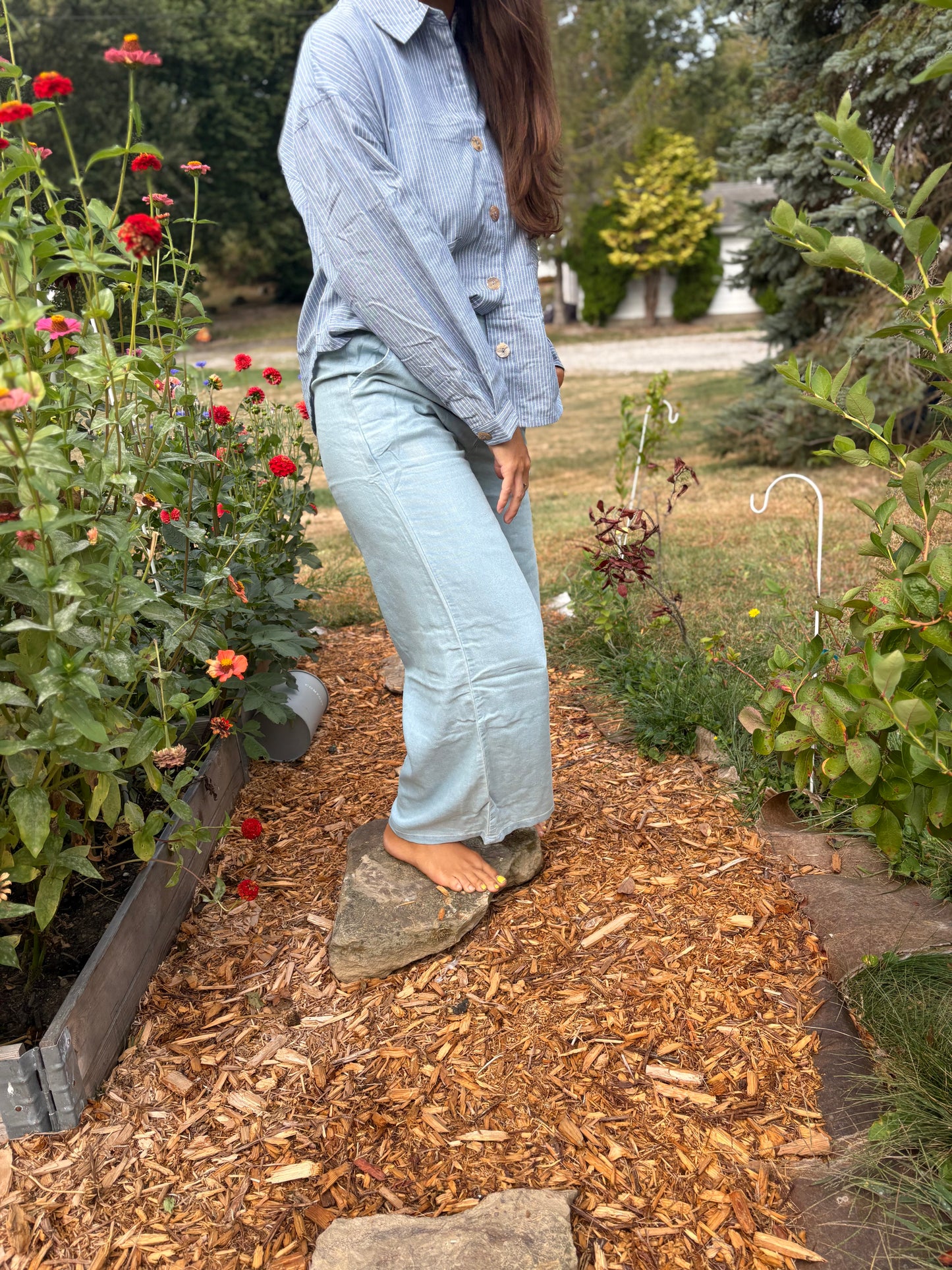Wide Leg Denim Pants with Back Elastic Waistband