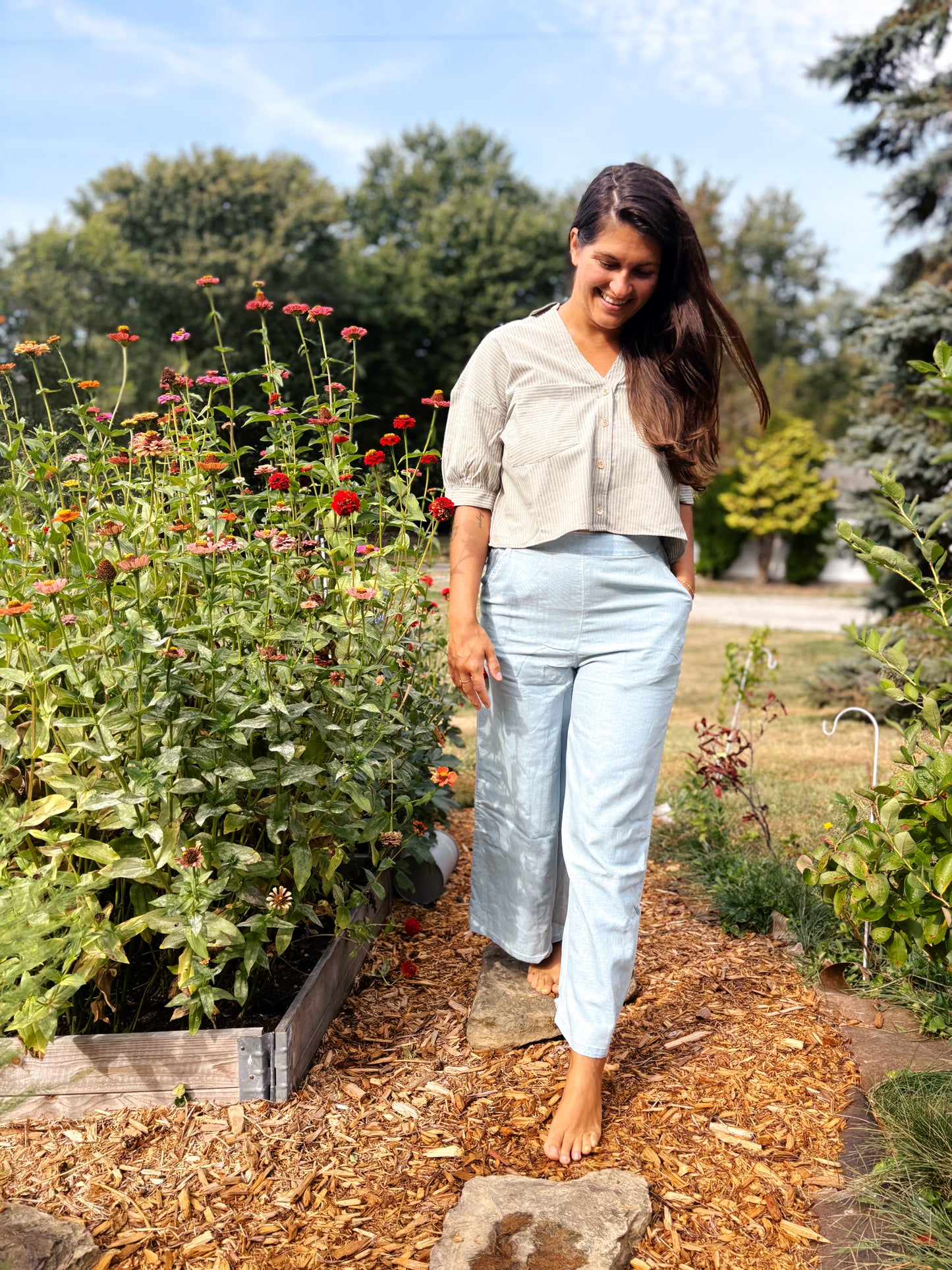 Wide Leg Denim Pants with Back Elastic Waistband