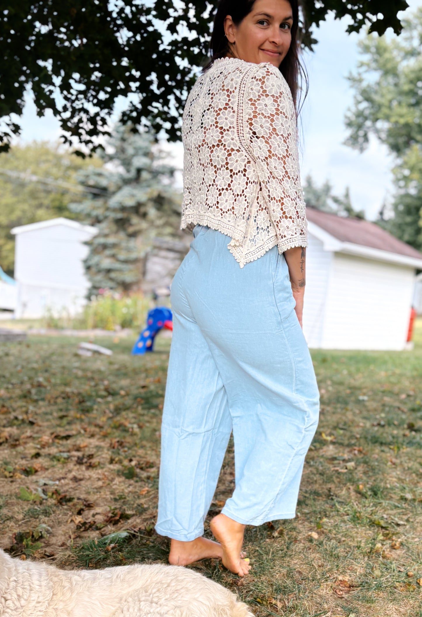 Wide Leg Denim Pants with Back Elastic Waistband