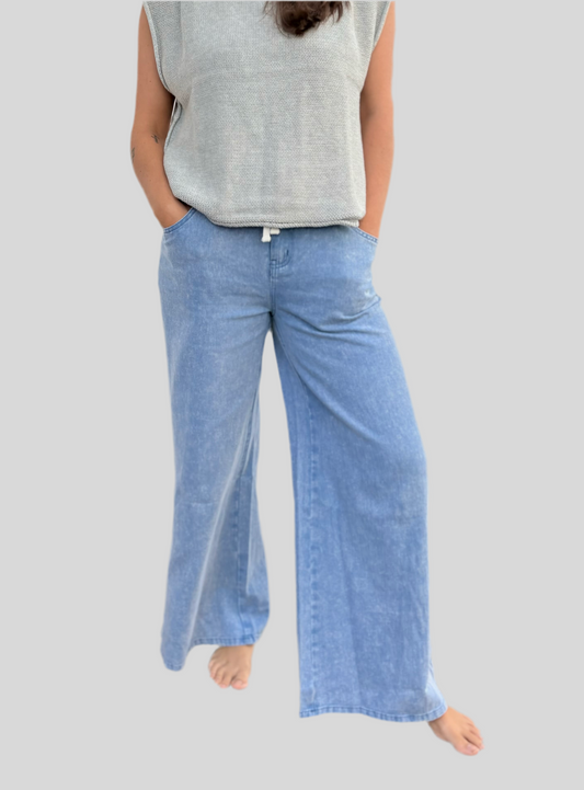 Wide Leg Denim Pants with Elastic Waistband