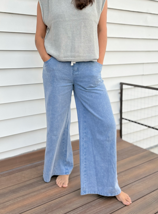 Wide Leg Denim Pants with Elastic Waistband