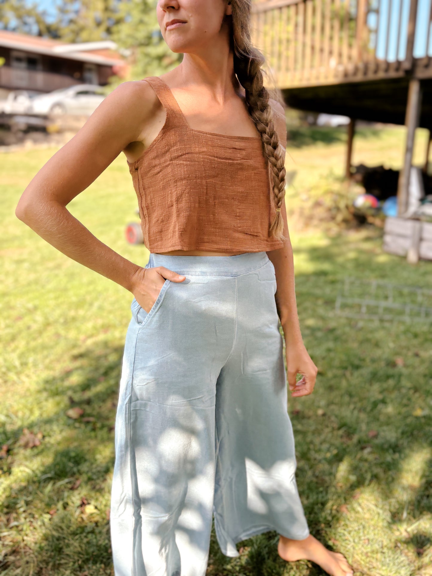 Wide Leg Denim Pants with Back Elastic Waistband