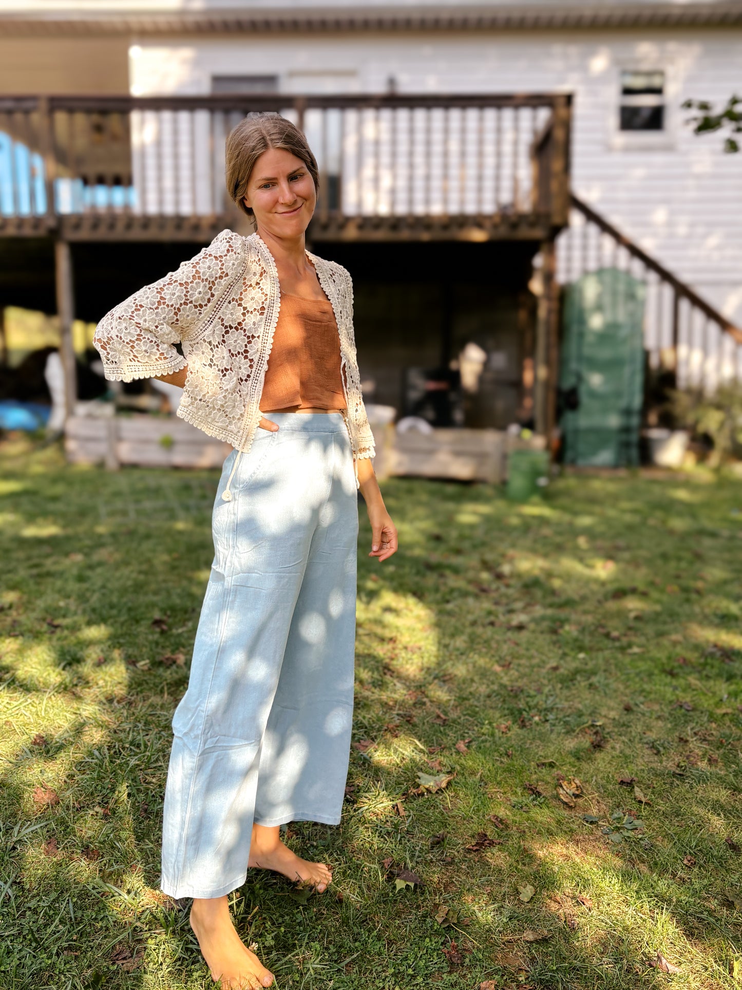 Wide Leg Denim Pants with Back Elastic Waistband