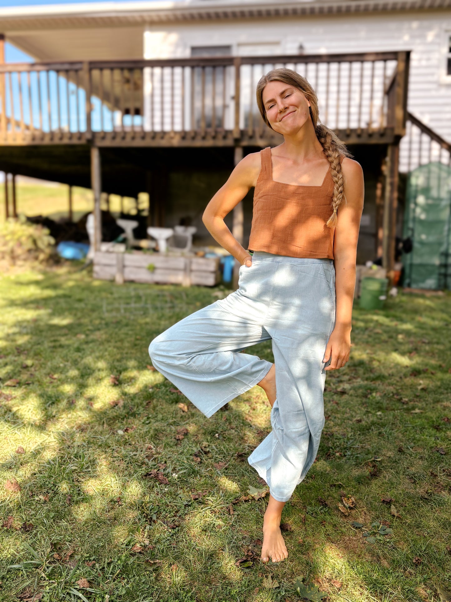 Wide Leg Denim Pants with Back Elastic Waistband