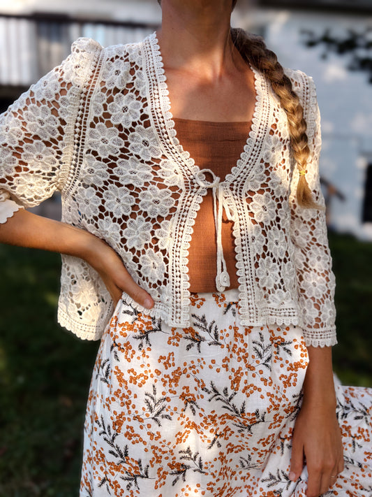 Floral Crochet Tie Front Cardigan