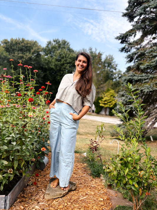 Pin Stripe Cotton Mom Crop Button Down
