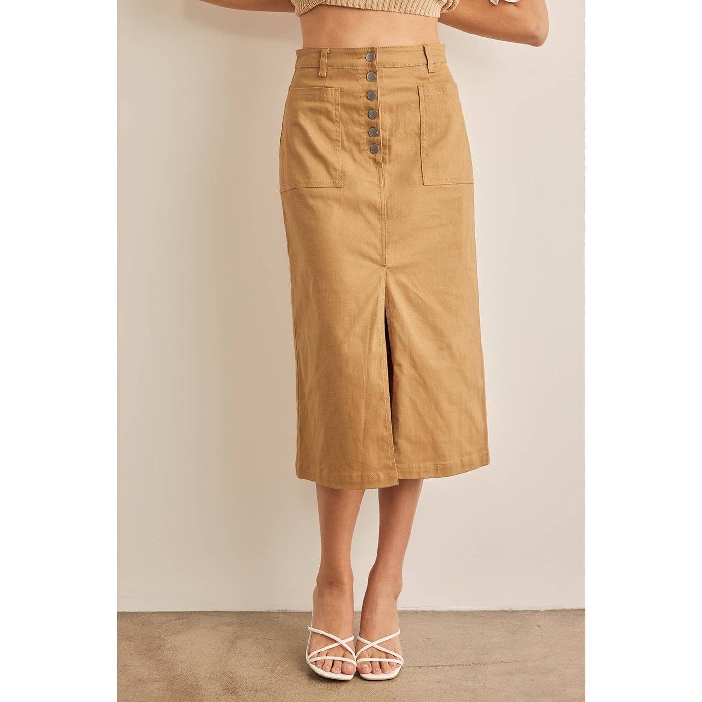 STRETCHY COTTON MIDI SKIRT WITH FRONT SLIT