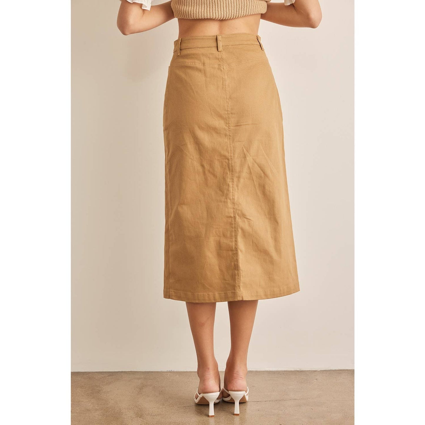 STRETCHY COTTON MIDI SKIRT WITH FRONT SLIT