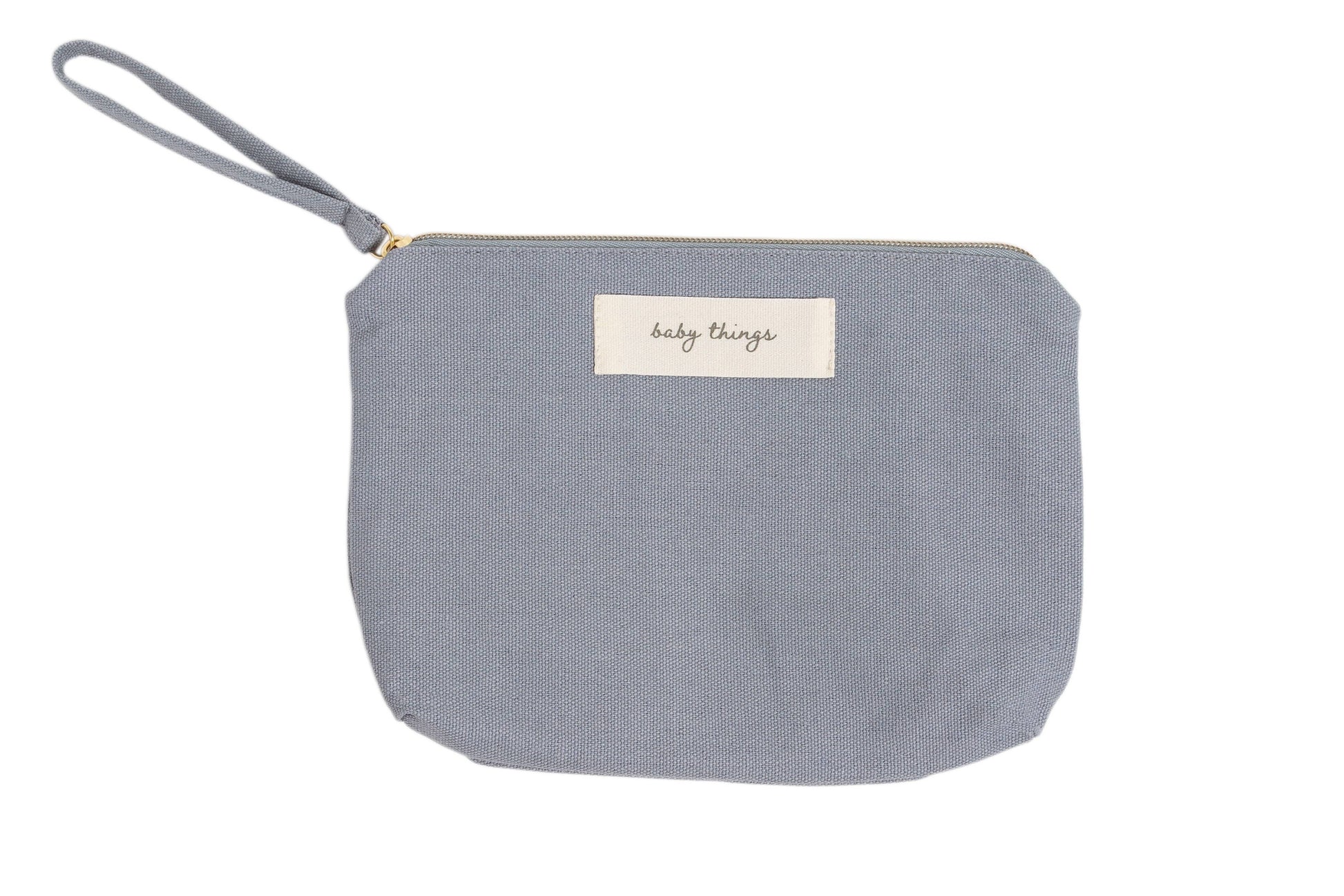 gray light blue baby things pouch for traveling and diaper bag