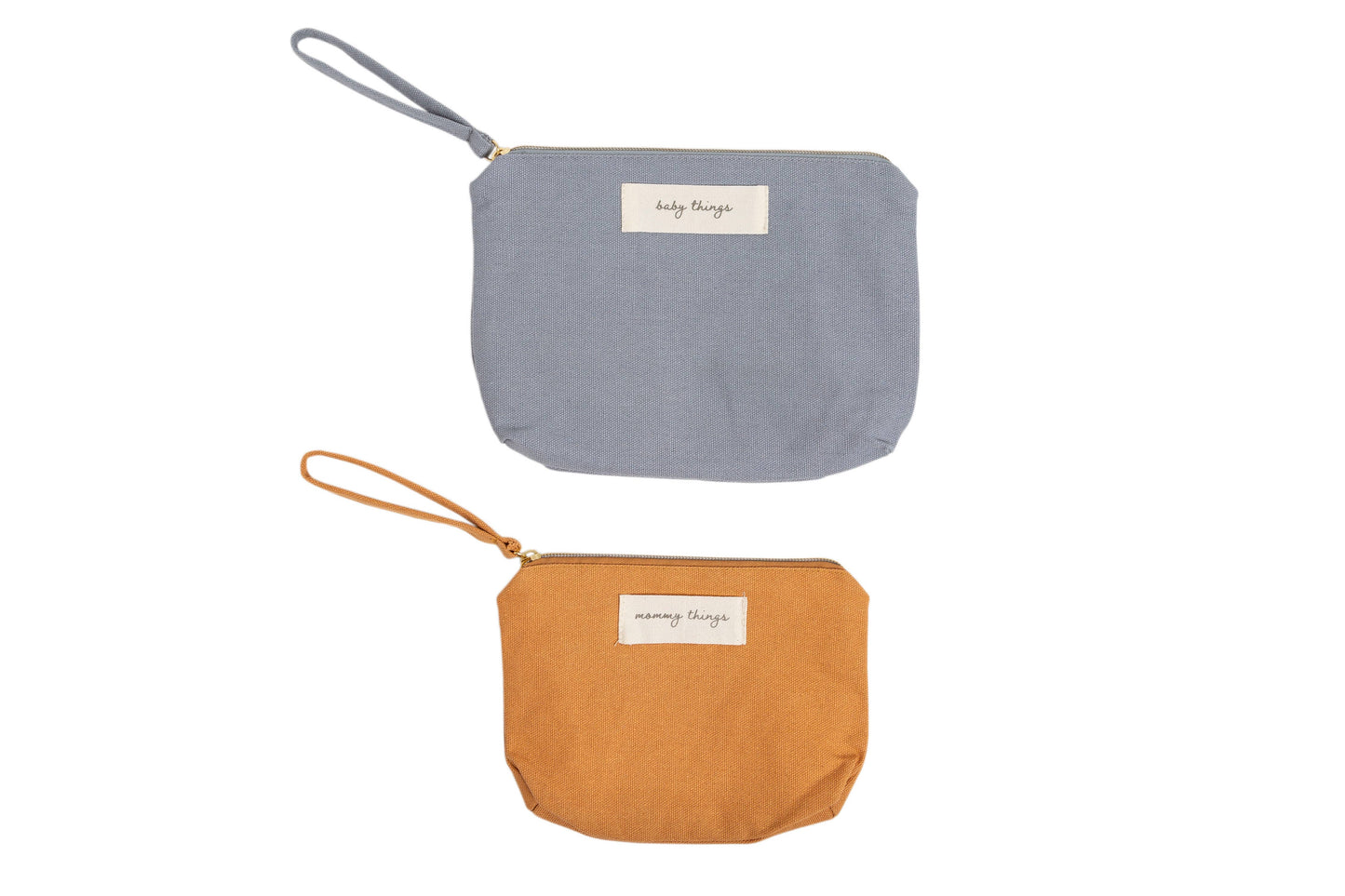 yellow mommy things pouch and gray baby things pouch travel set